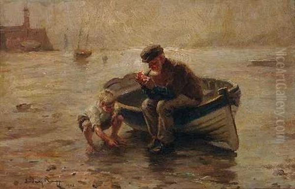 Alter Fischer Mit Seinem Enkel Am Strand by Friedrich (Fritz) Raupp