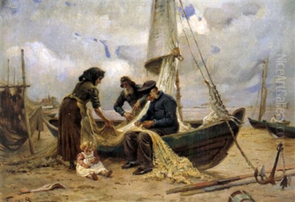 Fischer Biem Netzeflicken Oil Painting by Friedrich (Fritz) Raupp