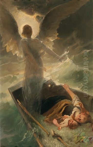 Crossing Lake Chiemsee In A Storm Under The Aegis Of A Guardian Angel Oil Painting by Karl Raupp