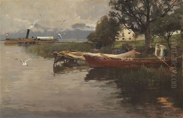 Idylle Am Chiemsee - Raddampfer Vor Der Fraueninsel, Am Ufer Ein Fischer Im Kahn Oil Painting by Karl Raupp