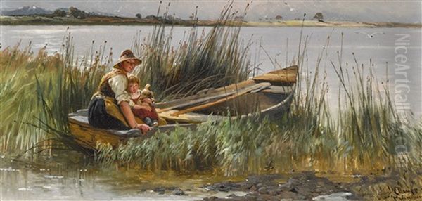 Junge Frau Mit Ihrem Kind In Einem Kahn Am Ufer Des Chiemsees Oil Painting by Karl Raupp