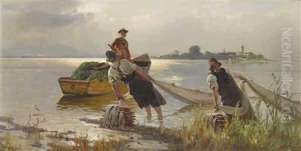 Zwei Fischer Und Eine Junge Bauerin In Einem Heuboot Am Ufer Des Chiemsees Oil Painting by Karl Raupp