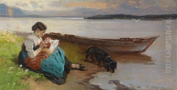 Mutter Mit Kind Am Ufer Des Sees Oil Painting by Karl Raupp