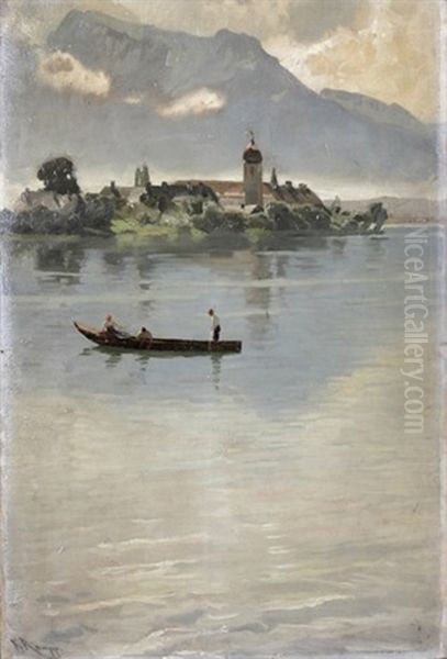 Blick Auf Die Fraueninsel, Auf Dem Chiemsee Boot Mit Fischern Oil Painting by Karl Raupp