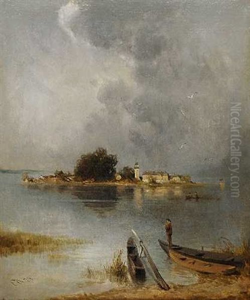 Angler Am Ufer Des Chiemsees Mit Blick Auf Die Fraueninsel Oil Painting by Karl Raupp