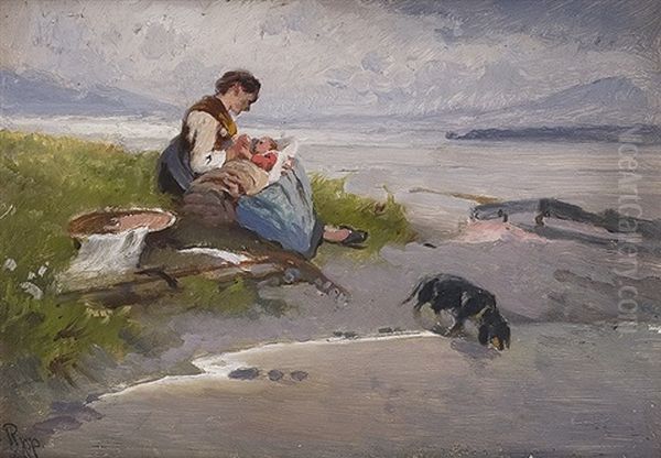 Mother With Child At Chiemsee Oil Painting by Karl Raupp