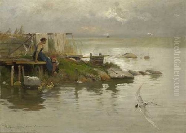 Wascherin Mit Kind Am Ufer Des Chiemsees Oil Painting by Karl Raupp