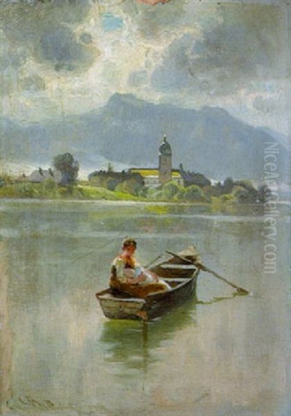 Dirndl Im Kahn Auf Dem Chiemsee Vor Der Fraueninsel Oil Painting by Karl Raupp