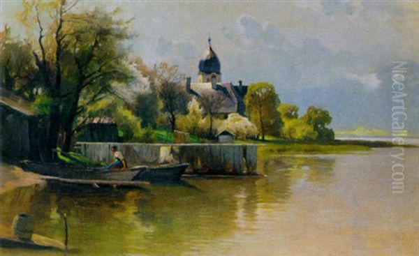 Frau Am Ufer Des Chiemsees Oil Painting by Karl Raupp