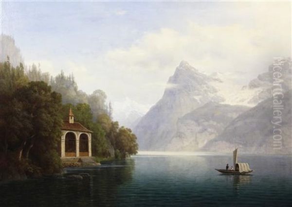 Swiss Lake Scene With Figures In A Ferry Boat Oil Painting by Leonhard Rausch