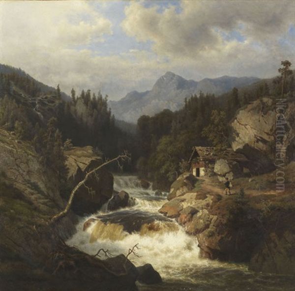 Gebirgslandschaft Mit Jagersmann Am Tosenden Fluss Oil Painting by Leonhard Rausch