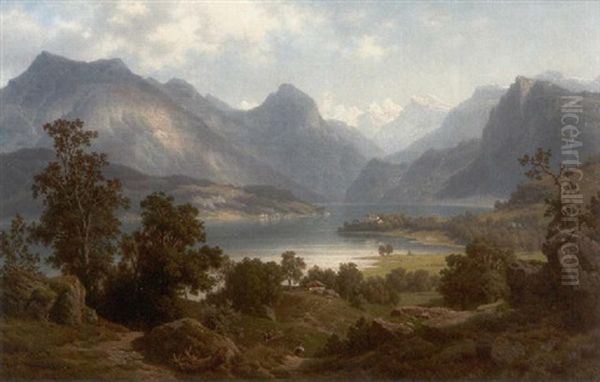 Groses Alpenpanorama Mit Dem Kochelsee Und Der Kirche St. Bartholomae Oil Painting by Leonhard Rausch