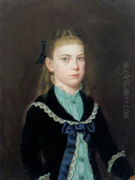 Portrait Eines Jungen Madchens Mit Blauem Kleid Und Weiser Spitze Oil Painting by Leonhard Rausch