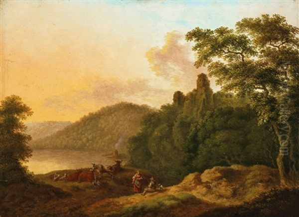 Bewaldete Landschaft Mit Hirten Und Vieh (+ Another; 2 Works) Oil Painting by Friedrich Rauscher