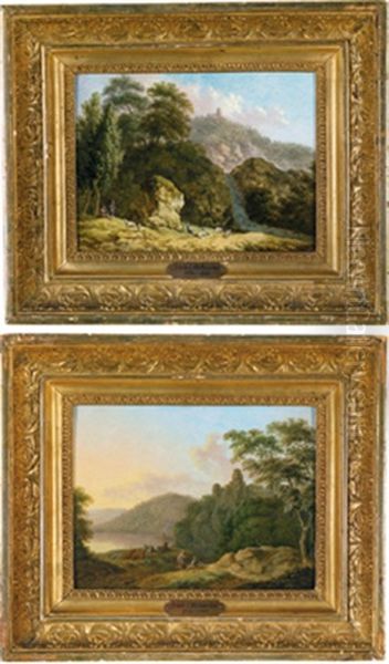 Bewaldete Arkadische Felslandschaft Mit Schafen, Rastenden Hirten Und Einer Burg Im Hintergrund (+ Another; Pair) Oil Painting by Friedrich Rauscher