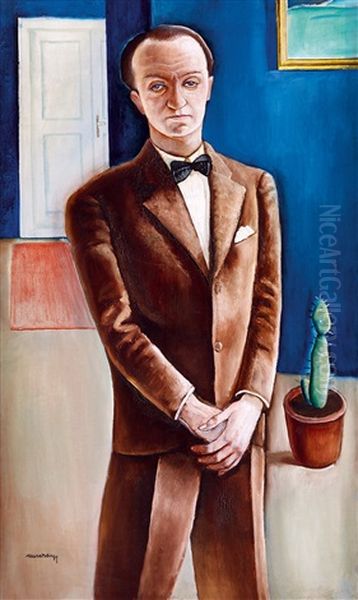 Man In Suit With Cactus Around 1928 Oil Painting by Gyoergy Rauscher