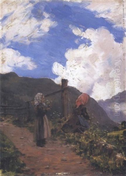 Paesaggio Montano Con Contadine Oil Painting by Giovanni Rava