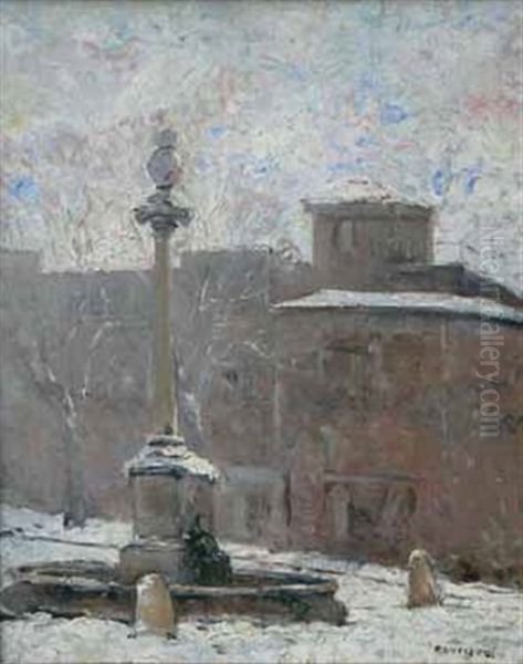 La Fontaine Bellegarde Sous La Neige Oil Painting by Joseph Ravaisou