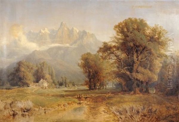 Promeneur Sur Un Pont Au Pied Des Montagnes Oil Painting by Theodore Ravanat