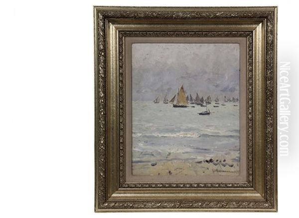 Seacoast With Boats Oil Painting by Leon Gustave Ravanne