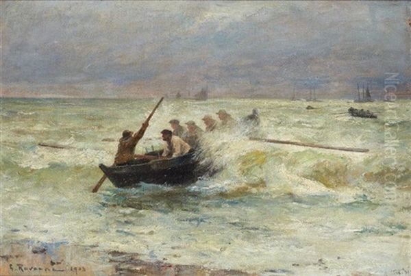 La Chaloupe Par Gros Temps Oil Painting by Leon Gustave Ravanne