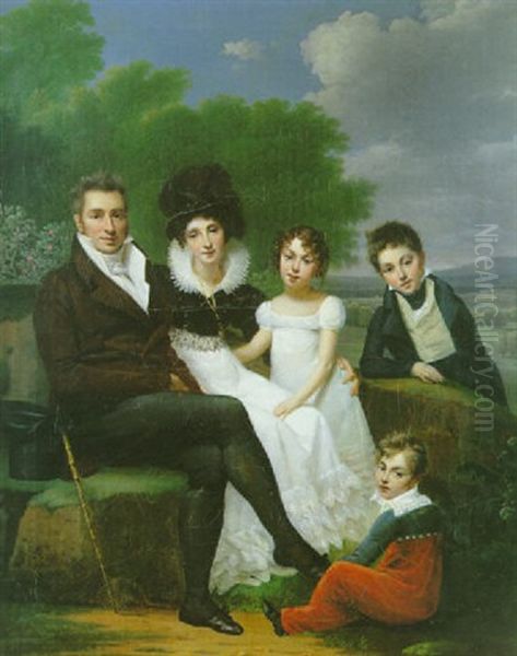 Portrait De Famille Sur Fond De Paysage Oil Painting by Ange-Rene Ravault