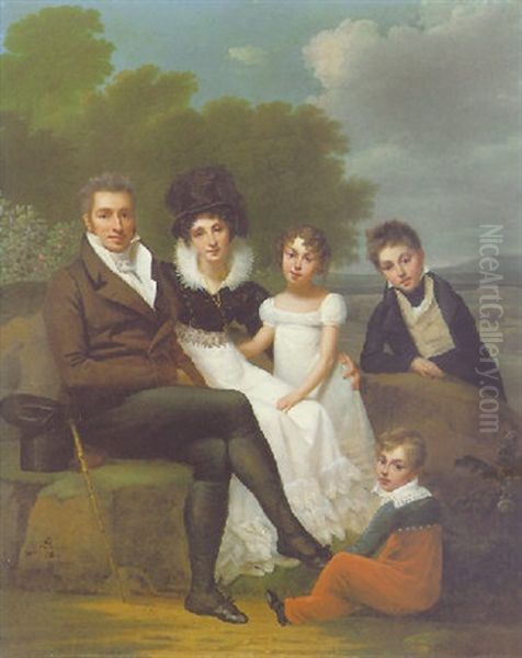 Portrait Of A Family Oil Painting by Ange-Rene Ravault