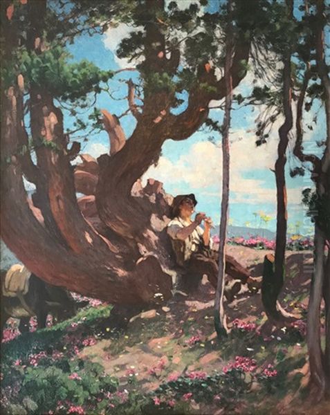 Jeune Berger Jouant De La Flute, Chandolin Oil Painting by Edouard John E. Ravel