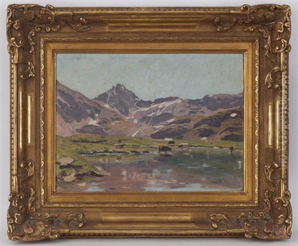 Lac De Montagne Avec Vaches Paissant Oil Painting by Edouard John E. Ravel