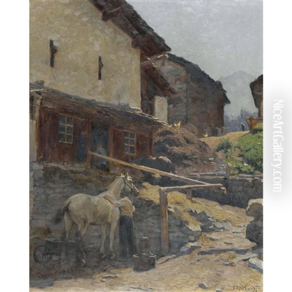 Scene De Village En Valais Oil Painting by Edouard John E. Ravel