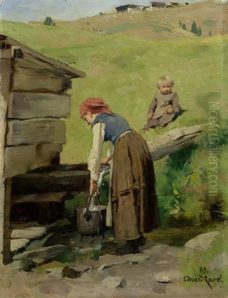 Mutter Mit Kind Am Brunnen Oil Painting by Edouard John E. Ravel