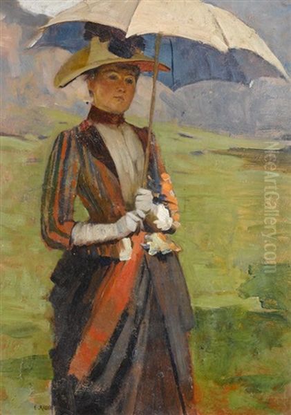 Elegante Dame Mit Sonnenschirm Oil Painting by Edouard John E. Ravel