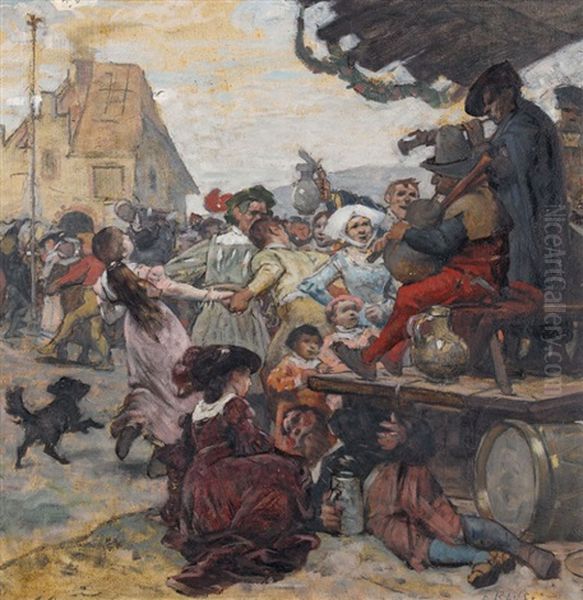 Historisierende Tanzszene Auf Einem Dorfplatz Oil Painting by Edouard John E. Ravel