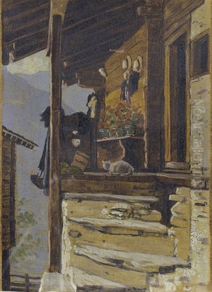 Walliser Bauernhaus Mit Katze Oil Painting by Edouard John E. Ravel