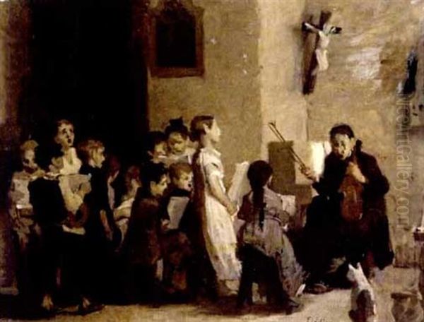 Kinder Mit Einem Geistlichen Beim Musizieren In Einer Walliser Sakristei Oil Painting by Edouard John E. Ravel