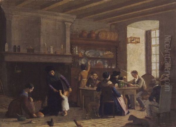 Familienzusammenkunft In Der Kuche Oil Painting by Edouard John E. Ravel