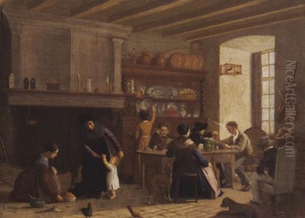 Familienzusammenkunft In Der Kuche Oil Painting by Edouard John E. Ravel