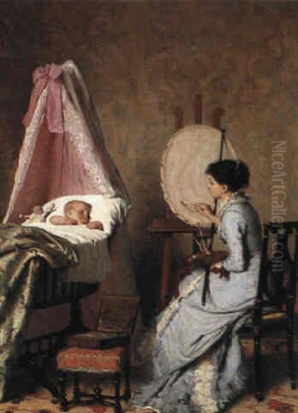 A Mother At Her Easel Oil Painting by Edouard John E. Ravel