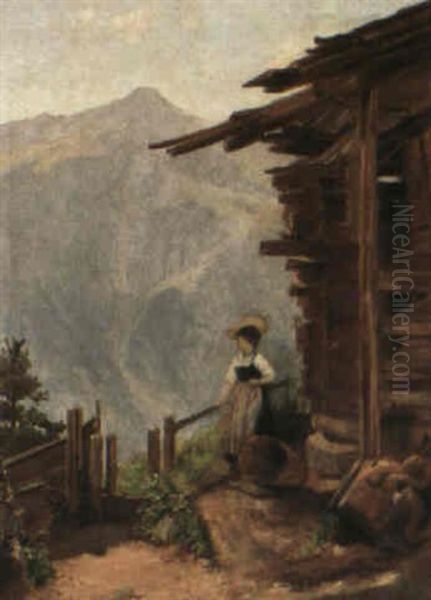 Femme Devant Son Chalet Oil Painting by Edouard John E. Ravel