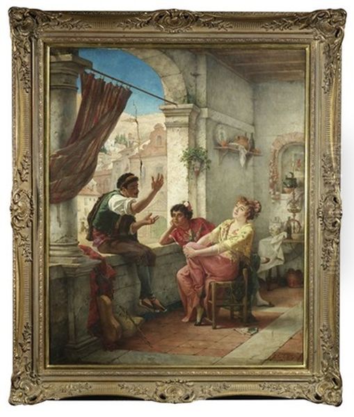 Sudlandische Genreszene. Ein Musikant Auf Wanderschaft Unterhalt Zwei Damen Auf Einer Terrasse Oil Painting by Jules Hippolyte Ravel