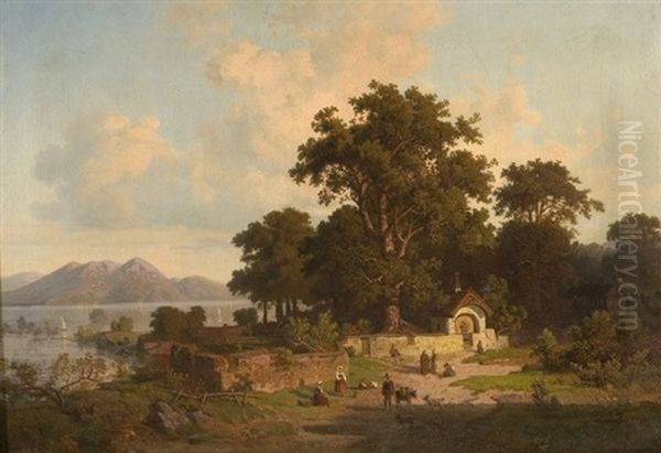 Parti Fra Norditalien (como Soen?). I Forgrunden Folkeliv Og Legende Born, I Baggrunden Kapel Oil Painting by Ernst Von Raven