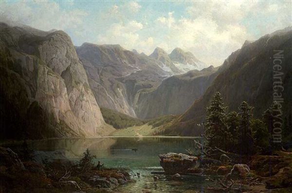 Gebirgslandschaft Mit See Und Rastendem Jager Oil Painting by Ernst Von Raven