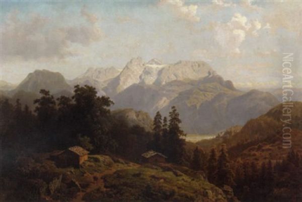 An Alpine Landscape With Wooden Cabins And Cows On A Path In The Foreground Oil Painting by Ernst Von Raven