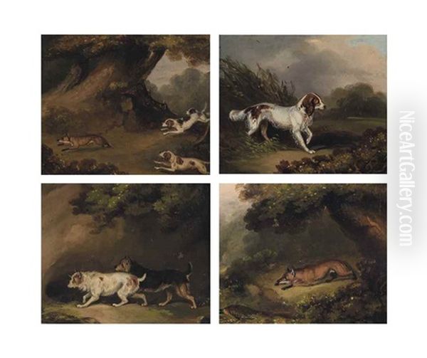 Four Sporting Scenes: A Fox And A Pheasant; Hounds Chasing A Fox; Two Terriers On The Scent; And A Retriever Oil Painting by Samuel Raven