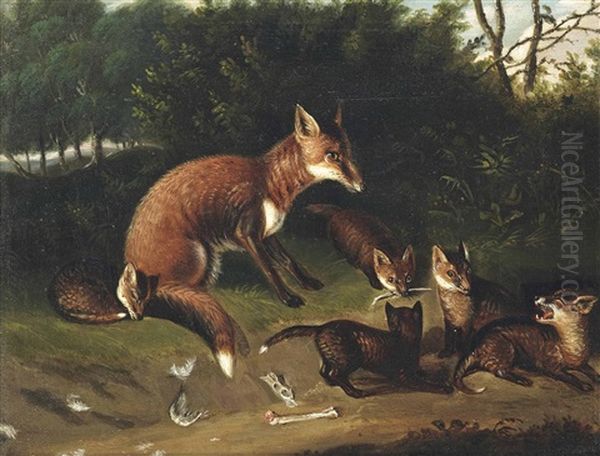 A Vixen And Her Cubs Oil Painting by Samuel Raven