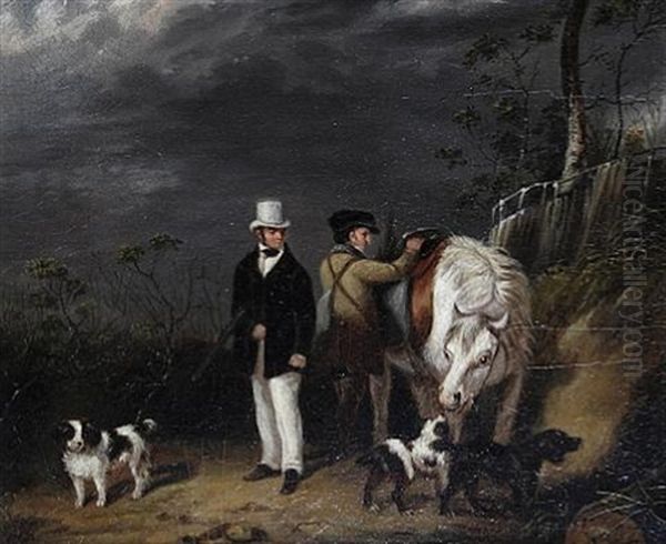 A Sportsman With Gillie, Pony And Spaniels (+ Grouse Shooting; Pair) Oil Painting by Samuel Raven