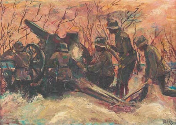 Haubitze Mit Funf Wehrmachtssoldaten Im Winter Oil Painting by Friedrich August Ravenstein