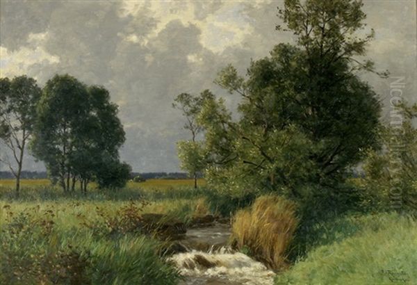 Weite Wiesenlandschaft Mit Bach Und Baumen Oil Painting by Paul von Ravenstein