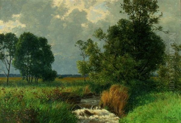 Weite Wiesenlandschaft Mit Bach Und Baumen Oil Painting by Paul von Ravenstein