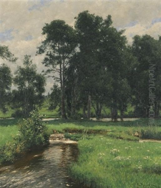 Frischer Sommertag. Bachlandschaft Mit Baumgruppen Oil Painting by Paul von Ravenstein